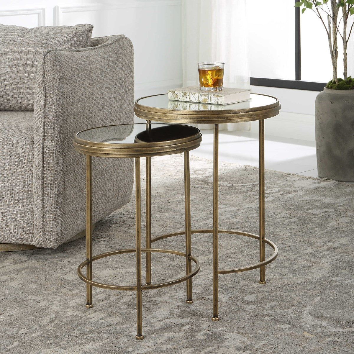 Casa Bella Living Mirrored Tops With Antique Brushed Gold Bases Set of 2 Round Nesting Tables