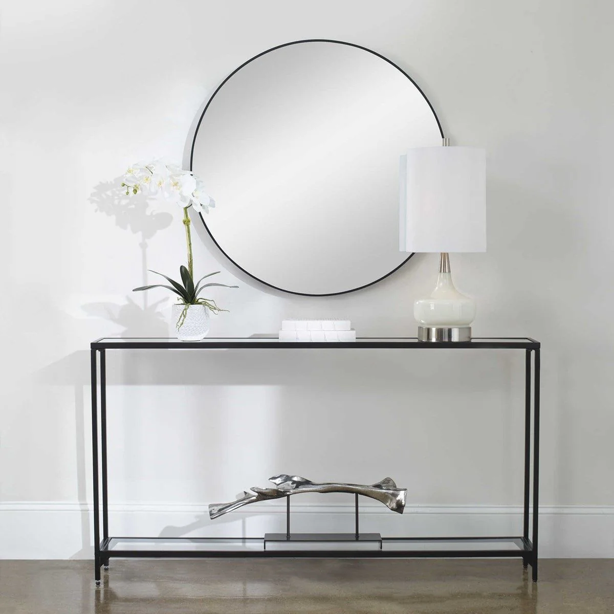 Casa Bella Living Mirrored Top and Glass Shelf with Black Iron Base Narrow Console Table - Image 2