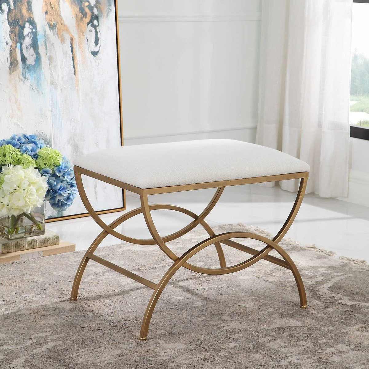 Casa Bella Living White Fabric Cushioned Top With Antique Brushed Brass Metal Accent Stool