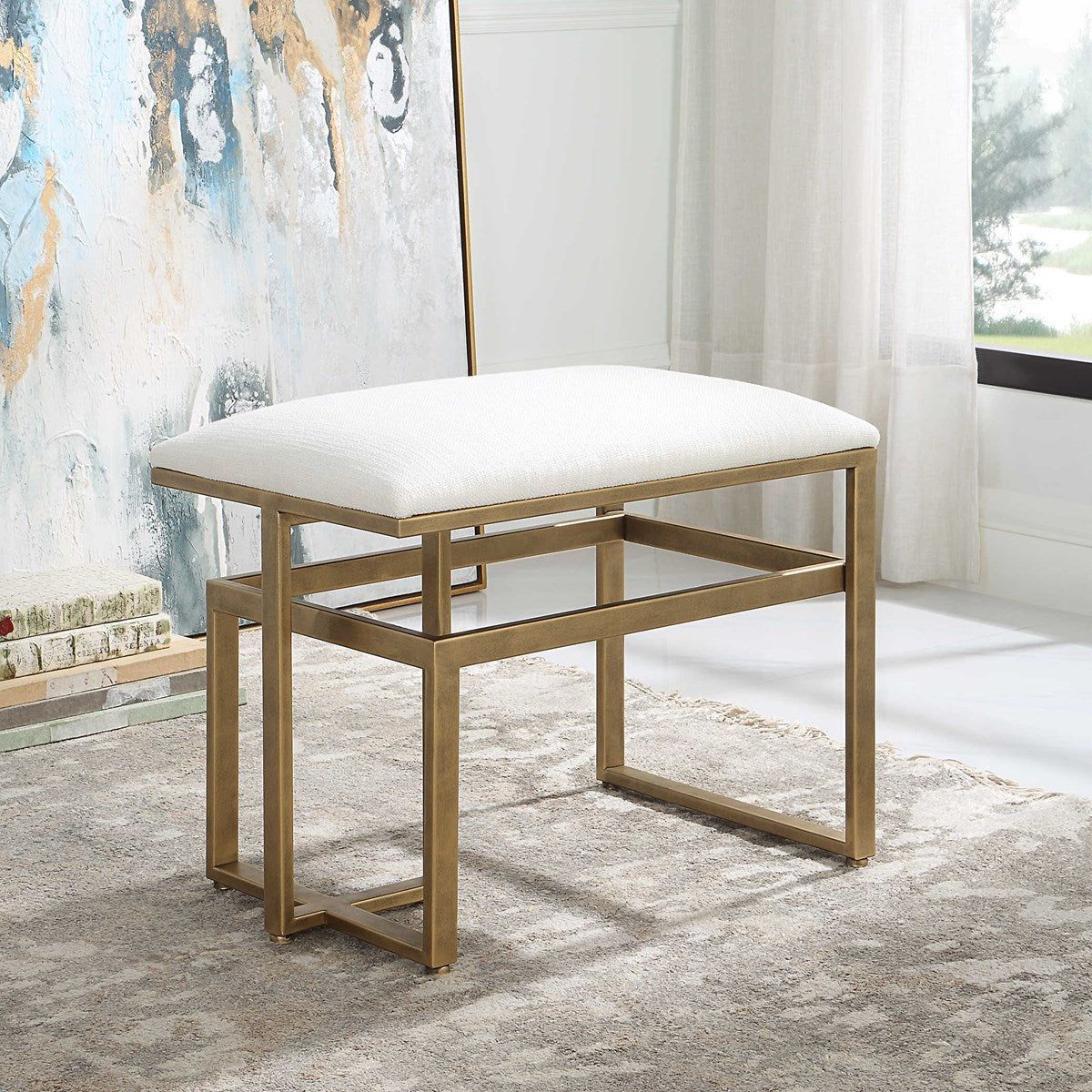 Casa Bella Living Off White Fabric Cushioned Top With Antique Brushed Brass Iron Modern Bench