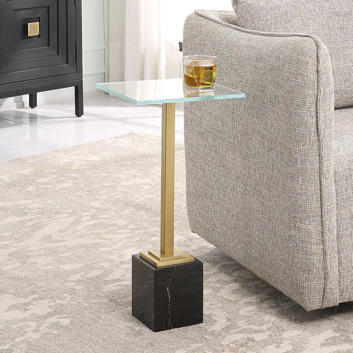 Casa Bella Living Tempered Glass Top With Brushed Brass and Black Marble Base Accent Drink Table