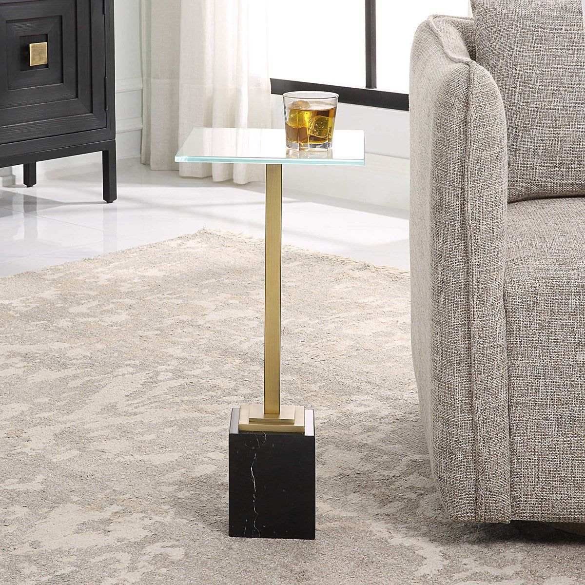 Casa Bella Living Tempered Glass Top With Brushed Brass and Black Marble Base Accent Drink Table - Image 3