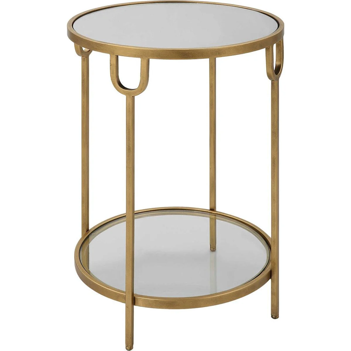 Casa Bella Living Mirrored Top and Glass Shelf With Antique Gold Iron Base Round Side Table - Image 4