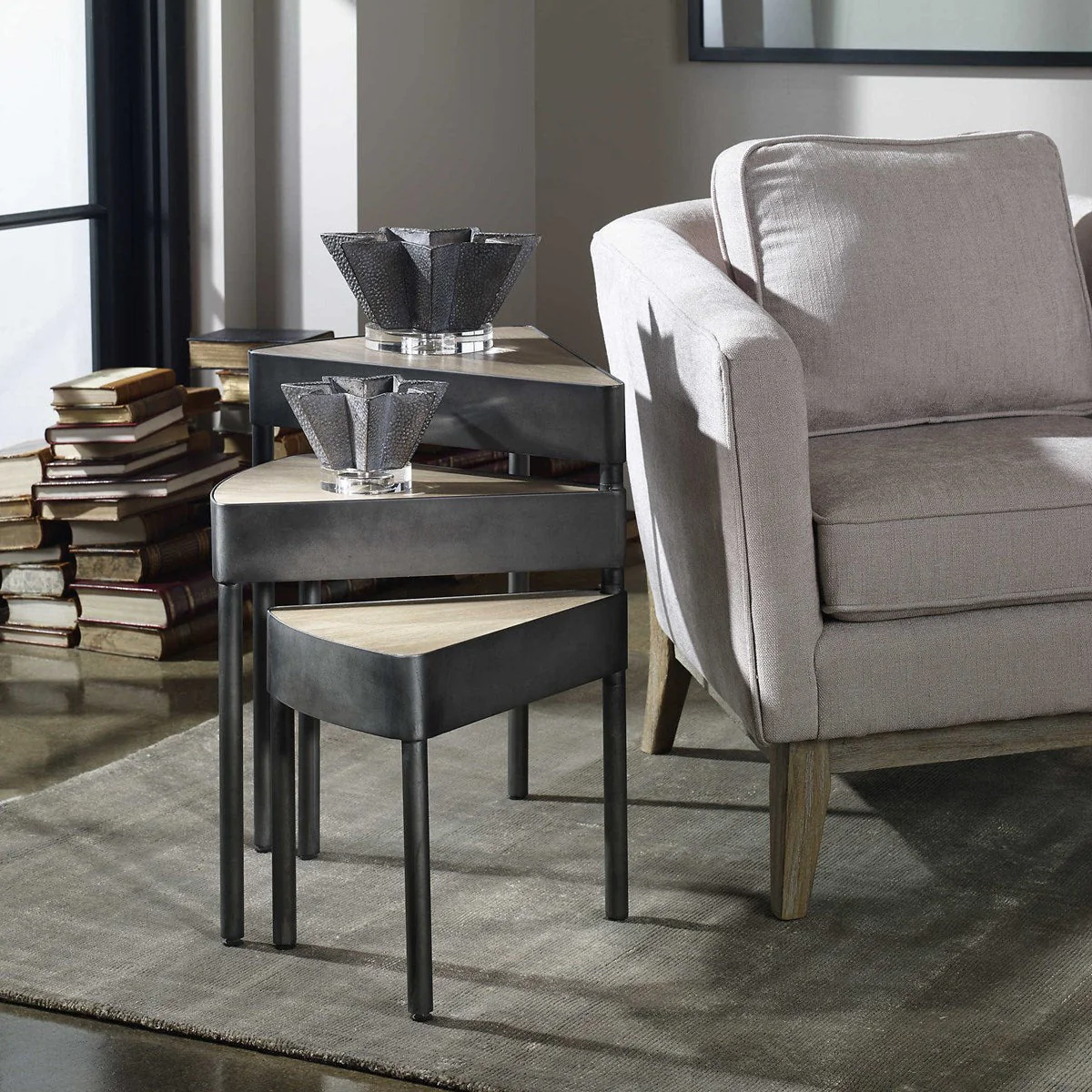 Uttermost Akito Wood With Aged Steel Nesting Table