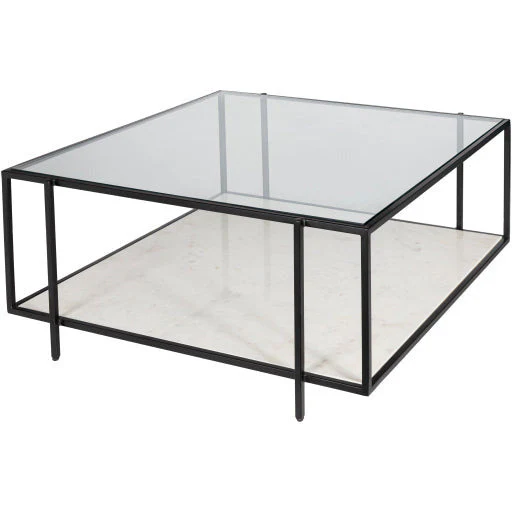 Surya Alecsa Modern Glass Top With Wood & Metal Mirrored Base Square Coffee Table EAA-001 - Image 5