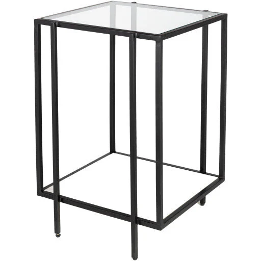 Surya Alecsa Modern Glass Top & Black Metal Base With Mirrored Bottom Shelf Accent Side Table EAA-002 - Image 3