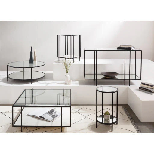 Surya Alecsa Modern Glass Top & Black Metal Base With Mirrored Bottom Shelf Console Table EAA-003 - Image 5