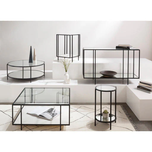 Surya Alecsa Modern Glass Top & Black Metal Base With Mirrored Bottom Shelf Accent Side Table EAA-004 - Image 3