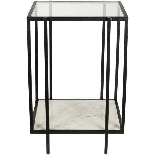 Surya Alecsa Modern Glass Top & Black Metal Base With Marble Shelf Bottom Accent Side Table EAA-007 - Image 5