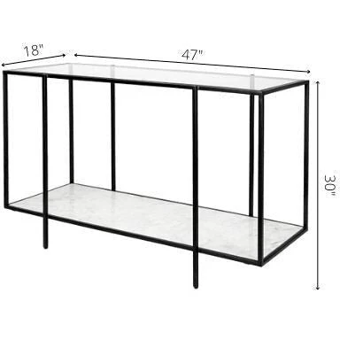 Surya Alecsa Modern Glass Top & Black Metal Base With Marble Bottom Shelf Console Table EAA-008 - Image 3