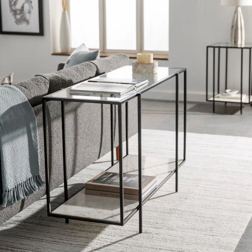 Surya Alecsa Modern Glass Top & Black Metal Base With Marble Bottom Shelf Console Table EAA-008 - Image 7