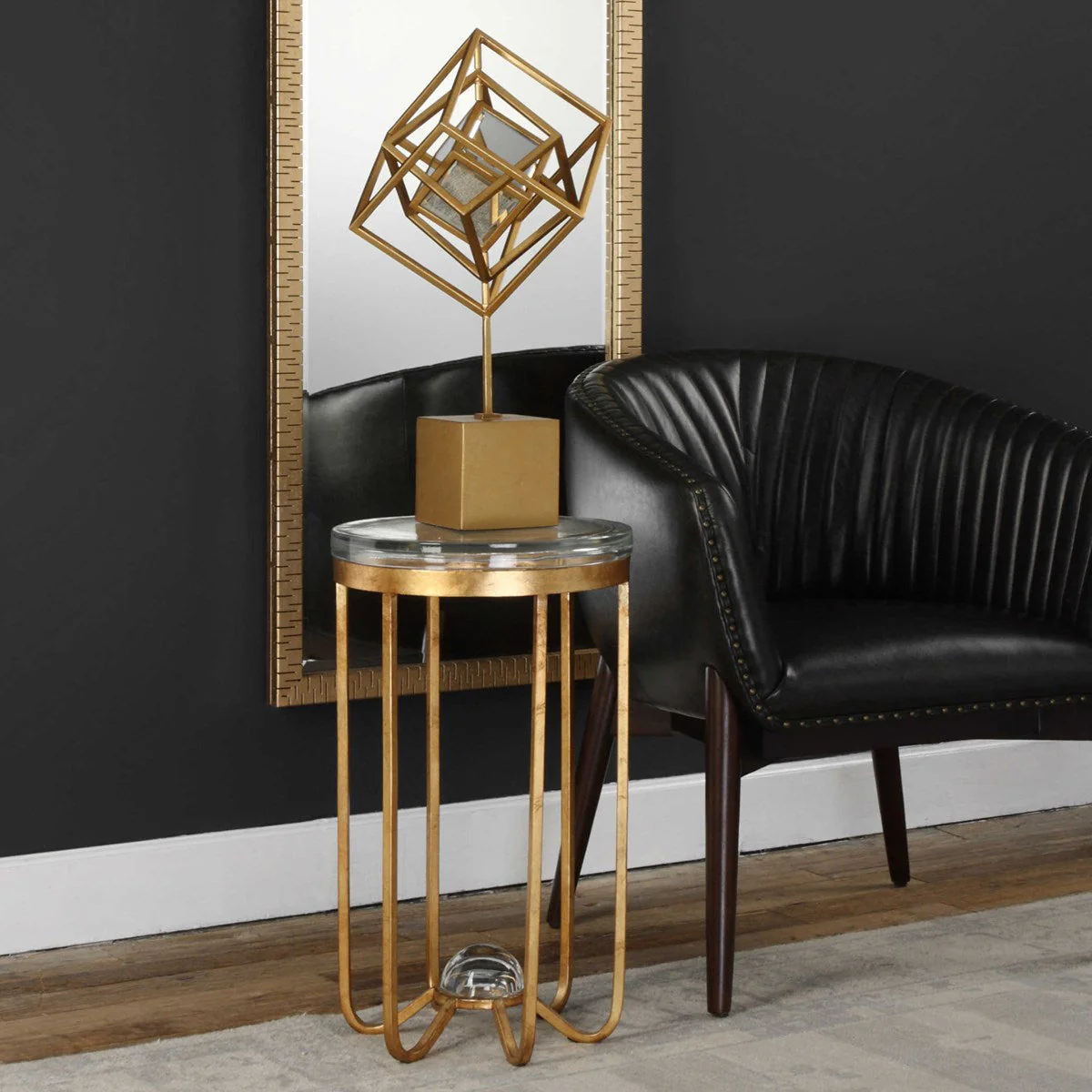 Uttermost Allura Glass Top With Antiqued Gold Leaf Iron Round Accent Table - Image 3