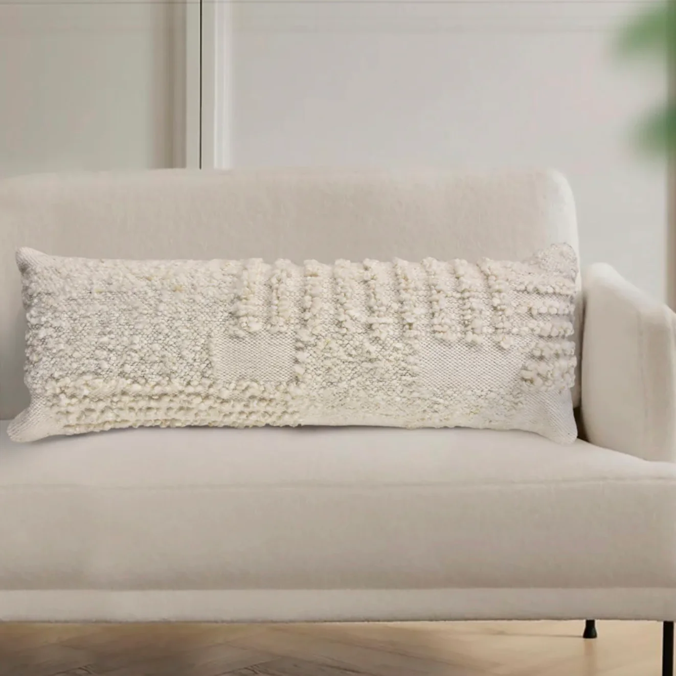 Anaya Home Cream Boucle Patchwork Handwoven Pillow 14x40 With Down Insert ~ DREAMY BEDDING SALE ~ Limited Quantity - Image 2