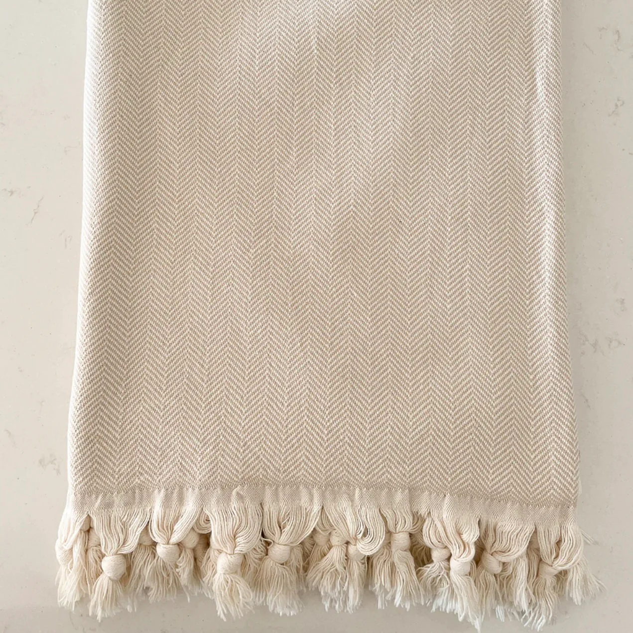 Anaya Home Beige Turkish Cotton Herringbone Throw With Tassels - Image 3