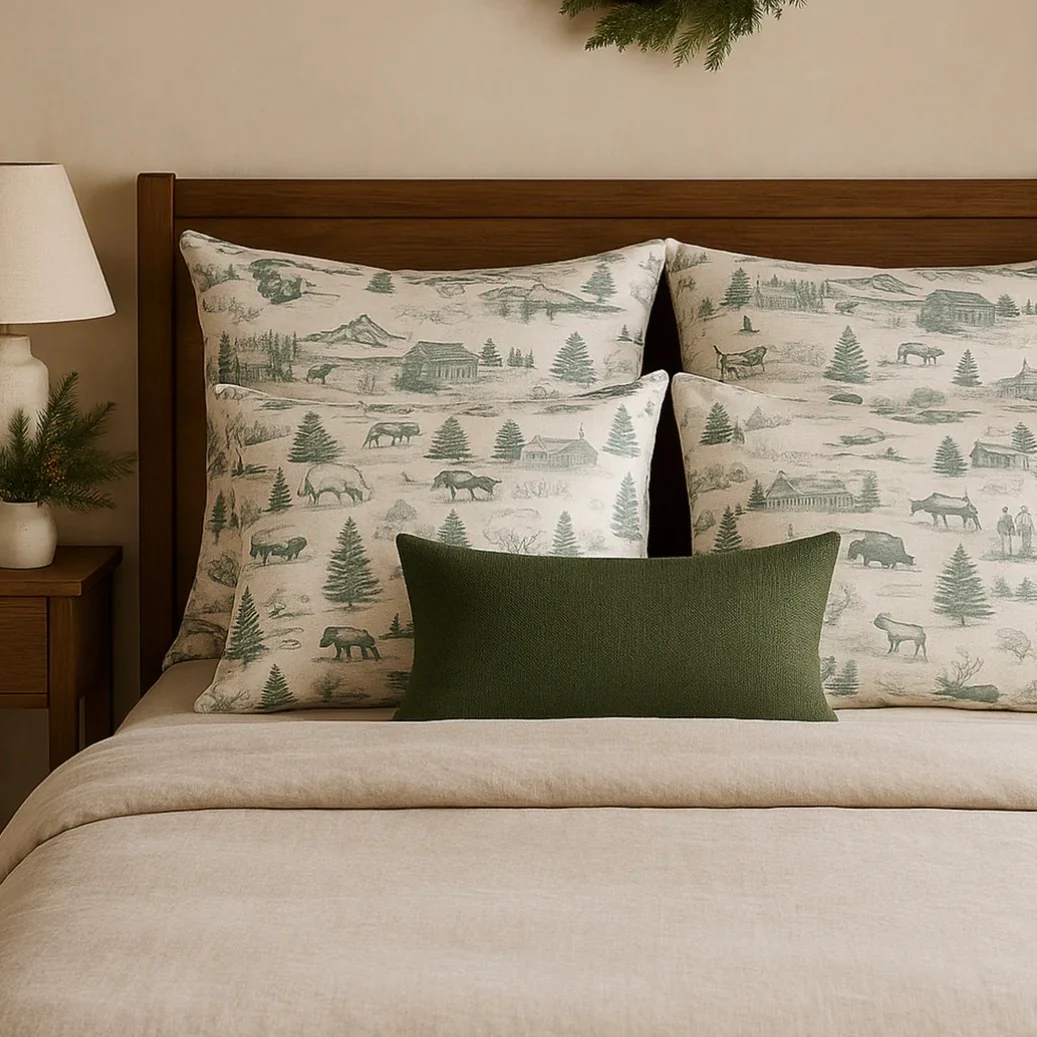 Anaya Home Christmas Toile Linen 26 x 26 Holiday Pillow ~ Spruce Green