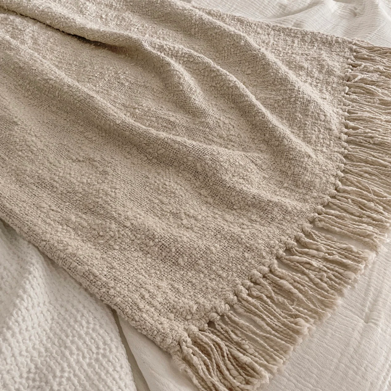 Anaya Home Cozy Cotton Beige Boucle Throw With Fringe ~ DREAMY BEDDING SALE ~ Limited Quantity - Image 4