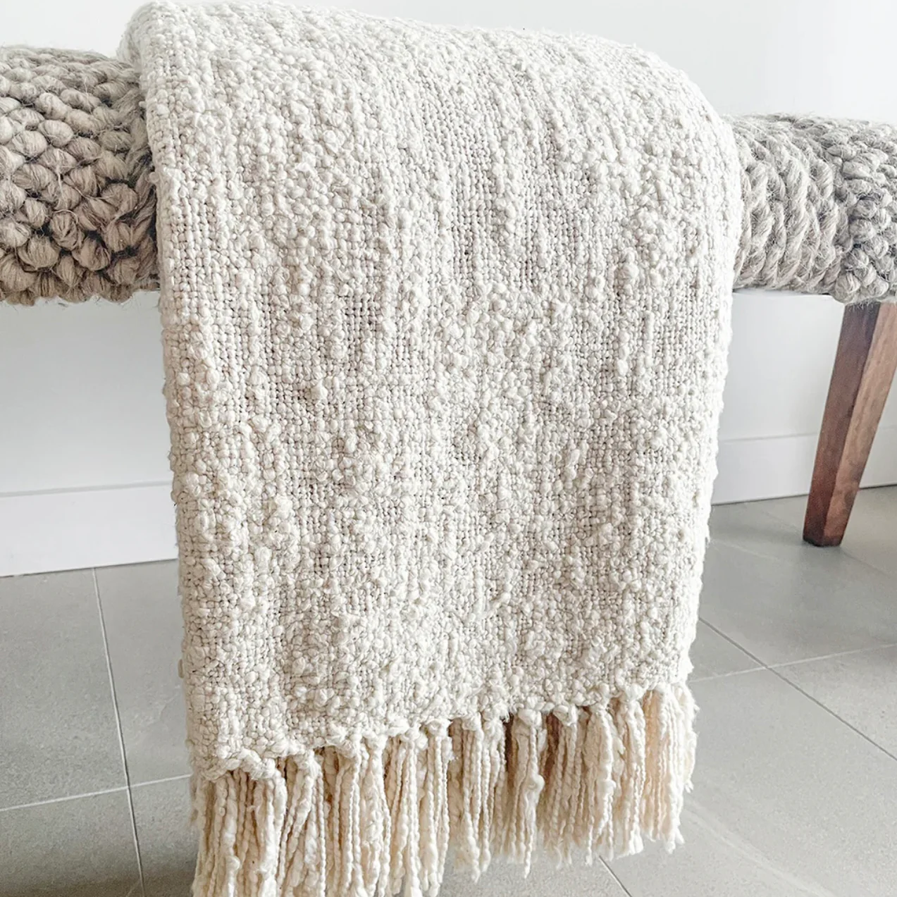 Anaya Home Cozy Cotton Ivory Boucle Throw With Fringe - Image 6