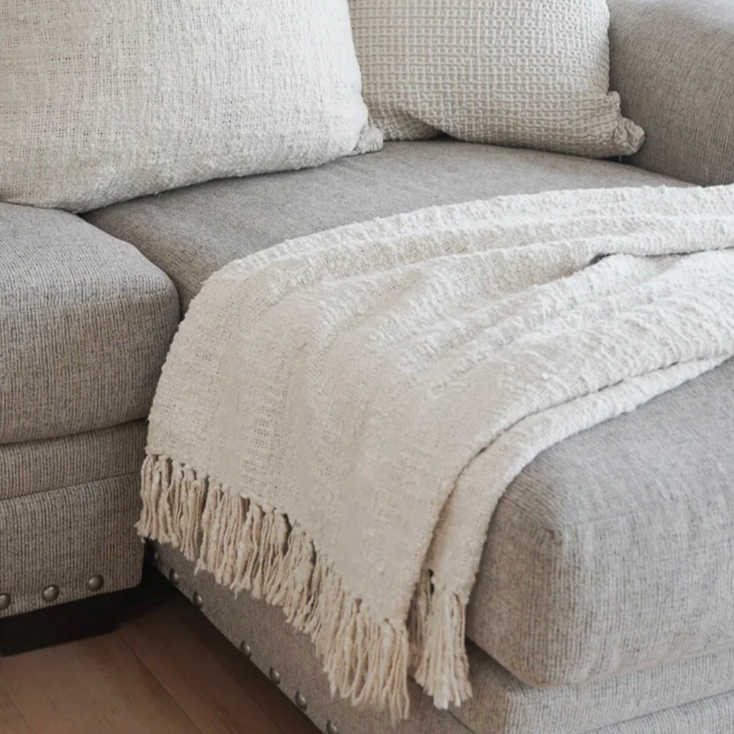 Anaya Home Cozy Cotton Ivory Boucle Throw With Fringe - Image 9