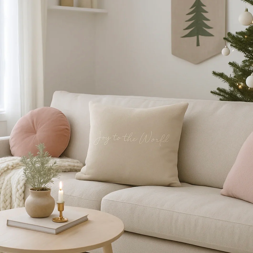 Anaya Home Joy To The World Linen 20 x 20 Pillow ~ Natural Beige - Image 2
