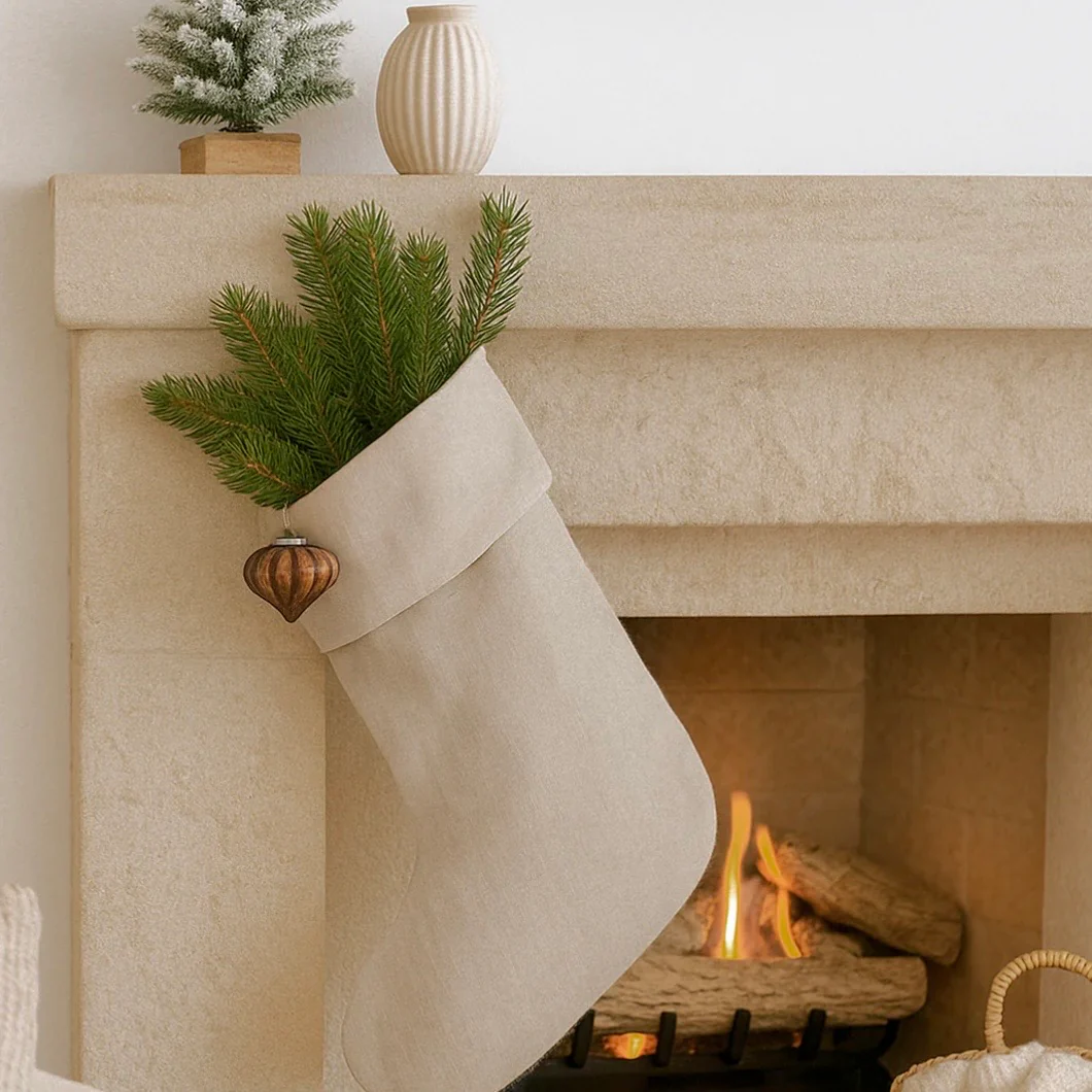 Anaya Home Linen Christmas Stocking ~ Warm Beige