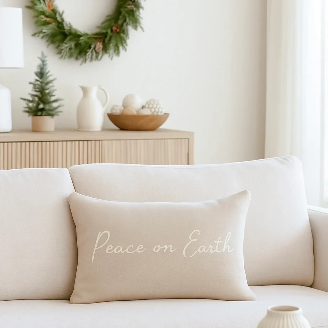 Anaya Home Peace On Earth Linen 14 x 20 Holiday Pillow ~ Natural Beige