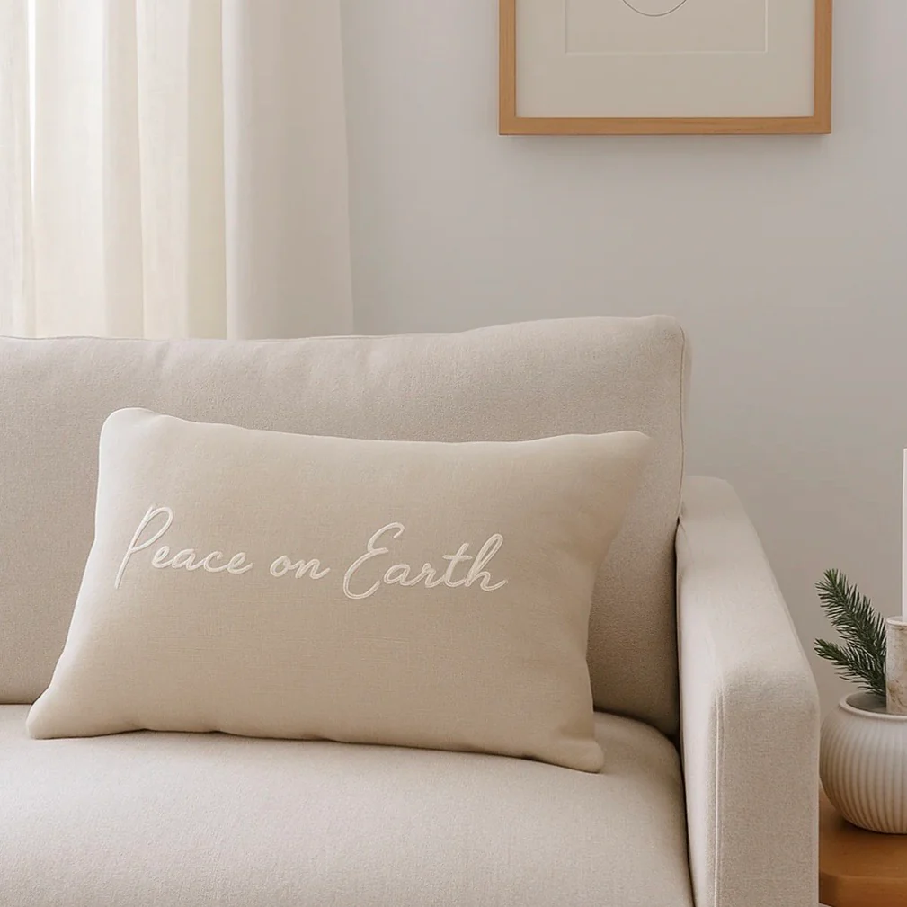 Anaya Home Peace On Earth Linen 14 x 20 Holiday Pillow ~ Natural Beige - Image 2