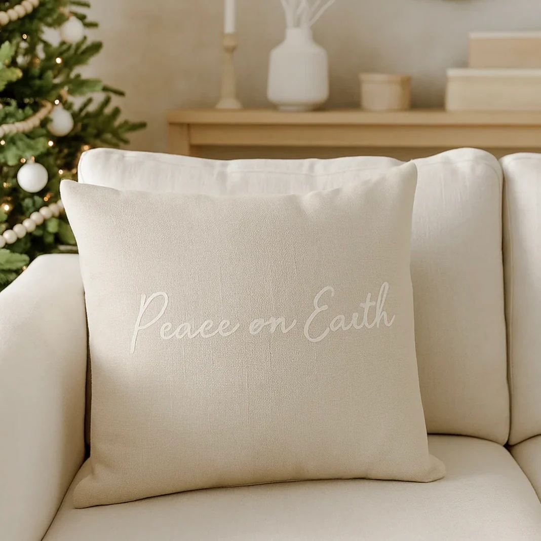 Anaya Home Peace On Earth Linen 20 x 20 Holiday Pillow ~ Natural Beige - Image 2