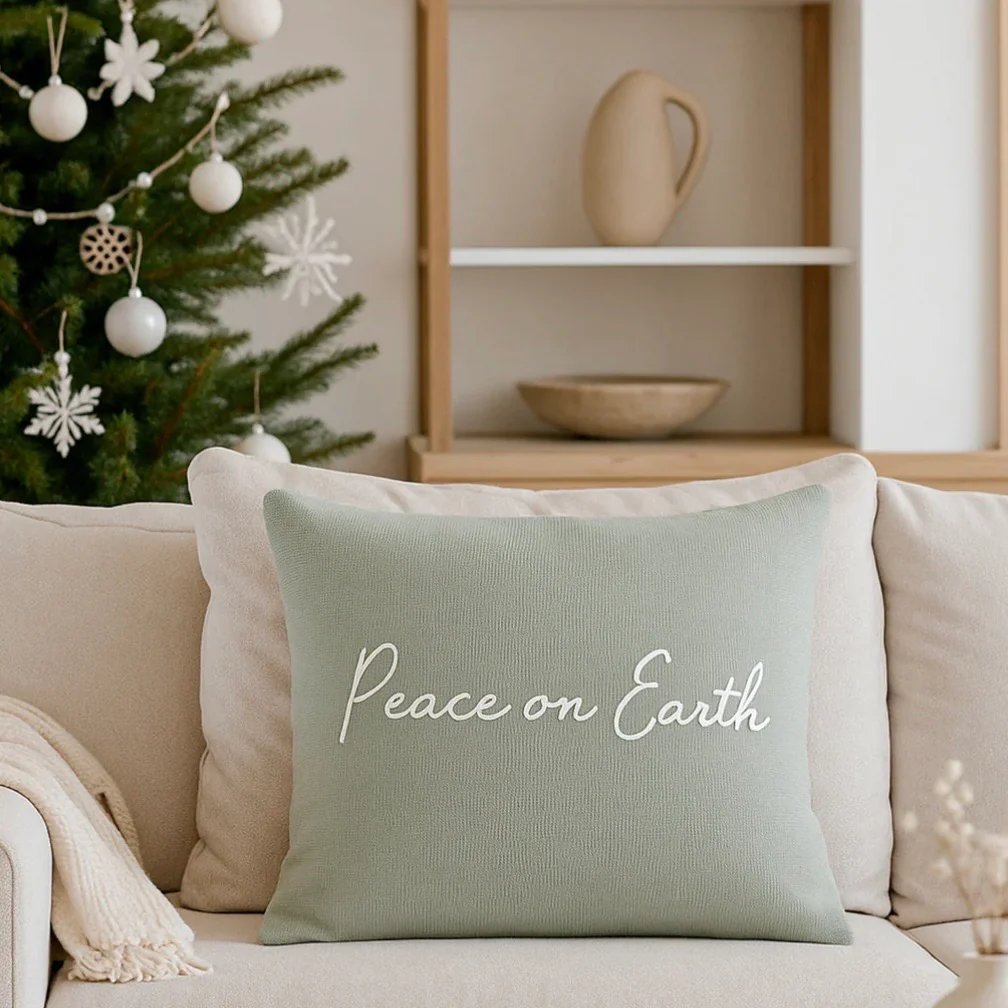 Anaya Home Peace On Earth Linen 20 x 20 Holiday Pillow ~ Sage Green - Image 4