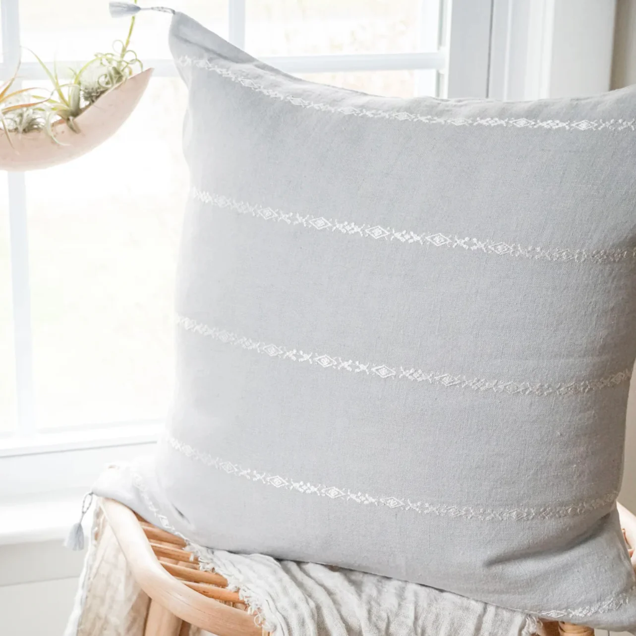 Anaya Home So Soft Linen Light Grey & White Embroidered Pillow 20x20 With Down Insert ~ DREAMY BEDDING SALE ~ Limited Quantity