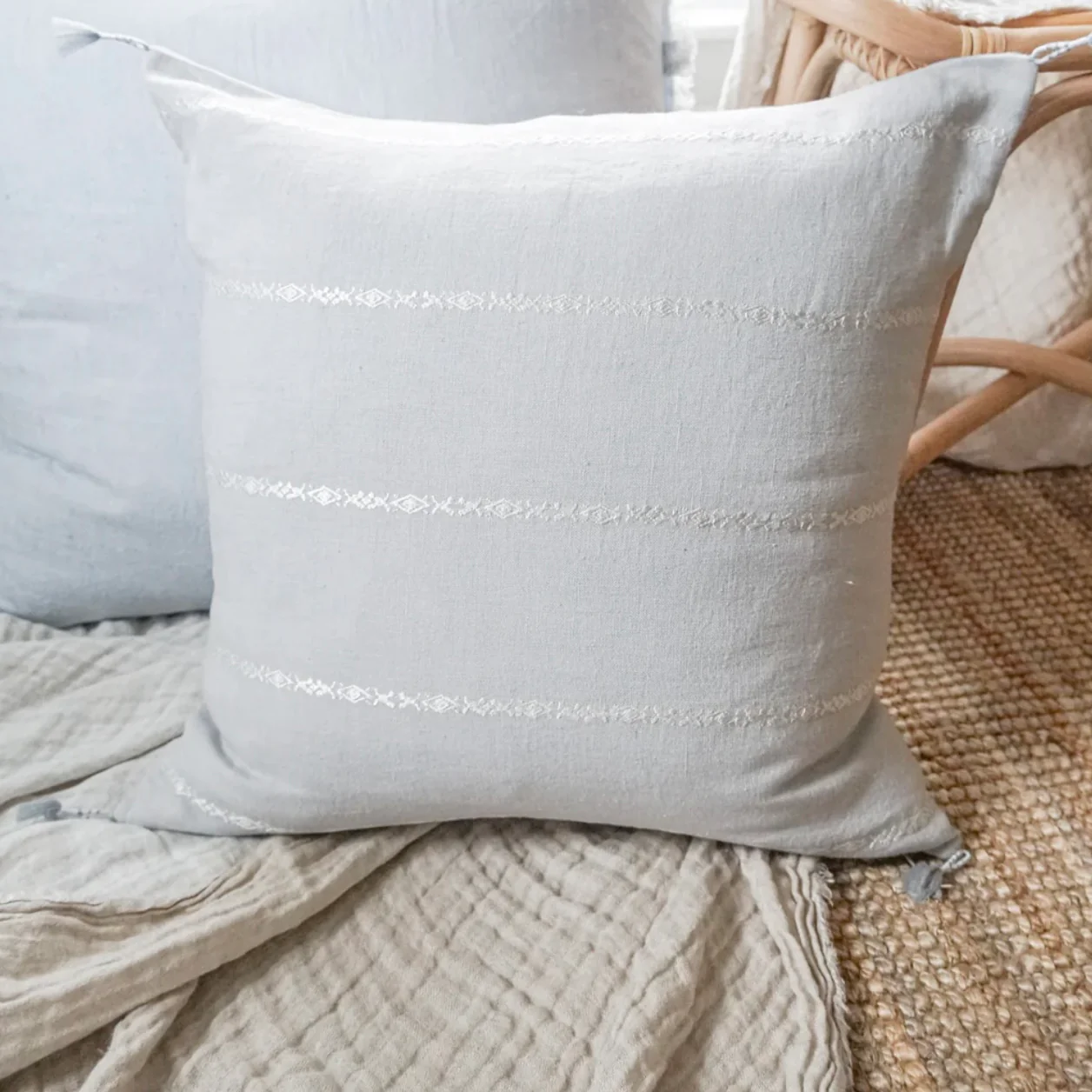 Anaya Home So Soft Linen Light Grey & White Embroidered Pillow 20x20 With Down Insert ~ DREAMY BEDDING SALE ~ Limited Quantity - Image 5