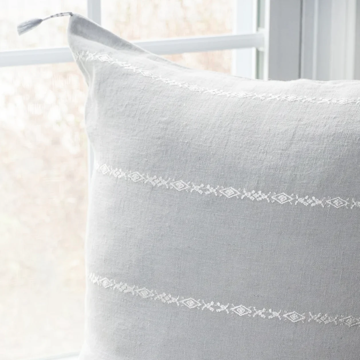 Anaya Home So Soft Linen Light Grey & White Embroidered Pillow 20x20 With Down Insert ~ DREAMY BEDDING SALE ~ Limited Quantity - Image 7
