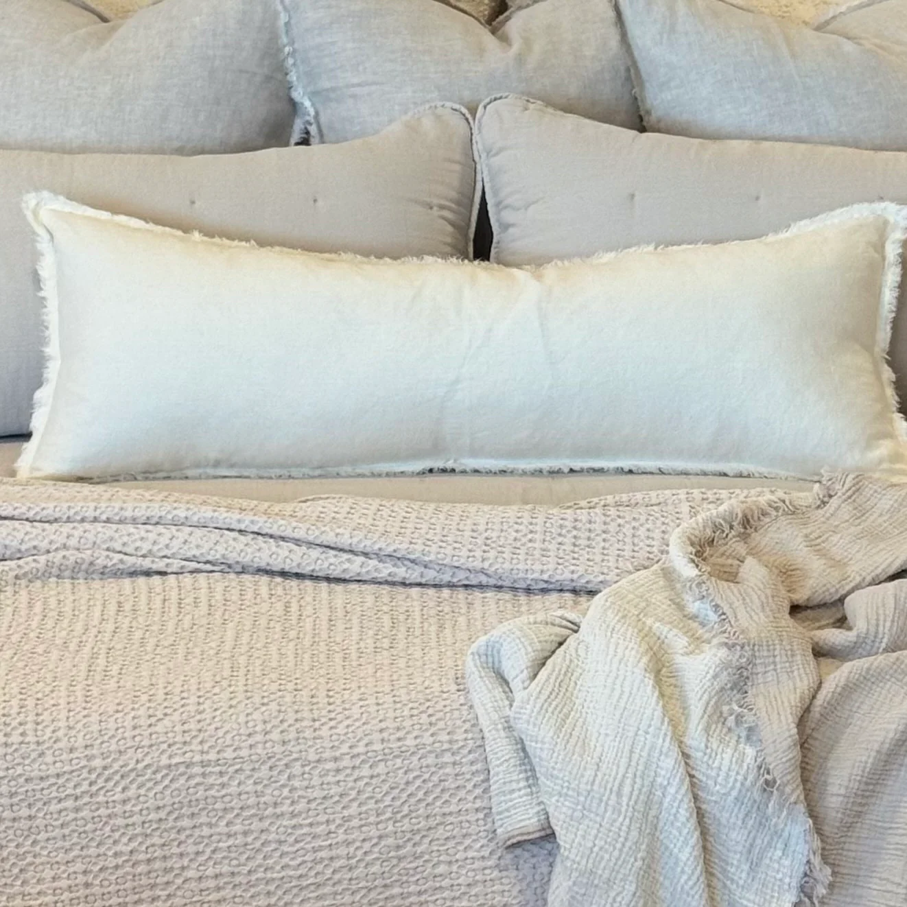 Anaya Home So Soft Linen Natural White Fringe Pillow 14 x 40 With Down Insert ~ DREAMY BEDDING SALE ~ Limited Quantity
