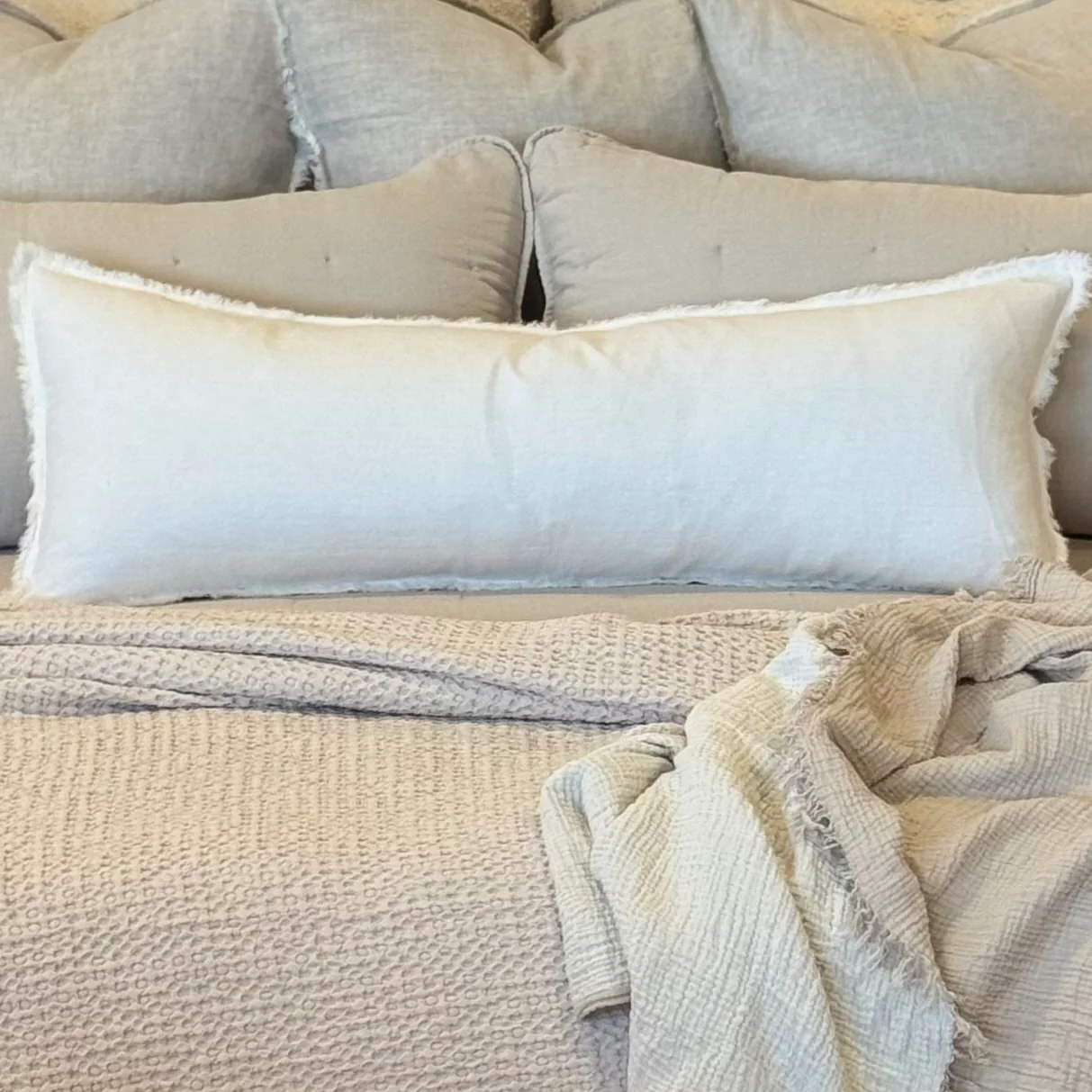 Anaya Home So Soft Linen White Fringe Pillow 14 x 40 With Down Insert ~ DREAMY BEDDING SALE ~ Limited Quantity