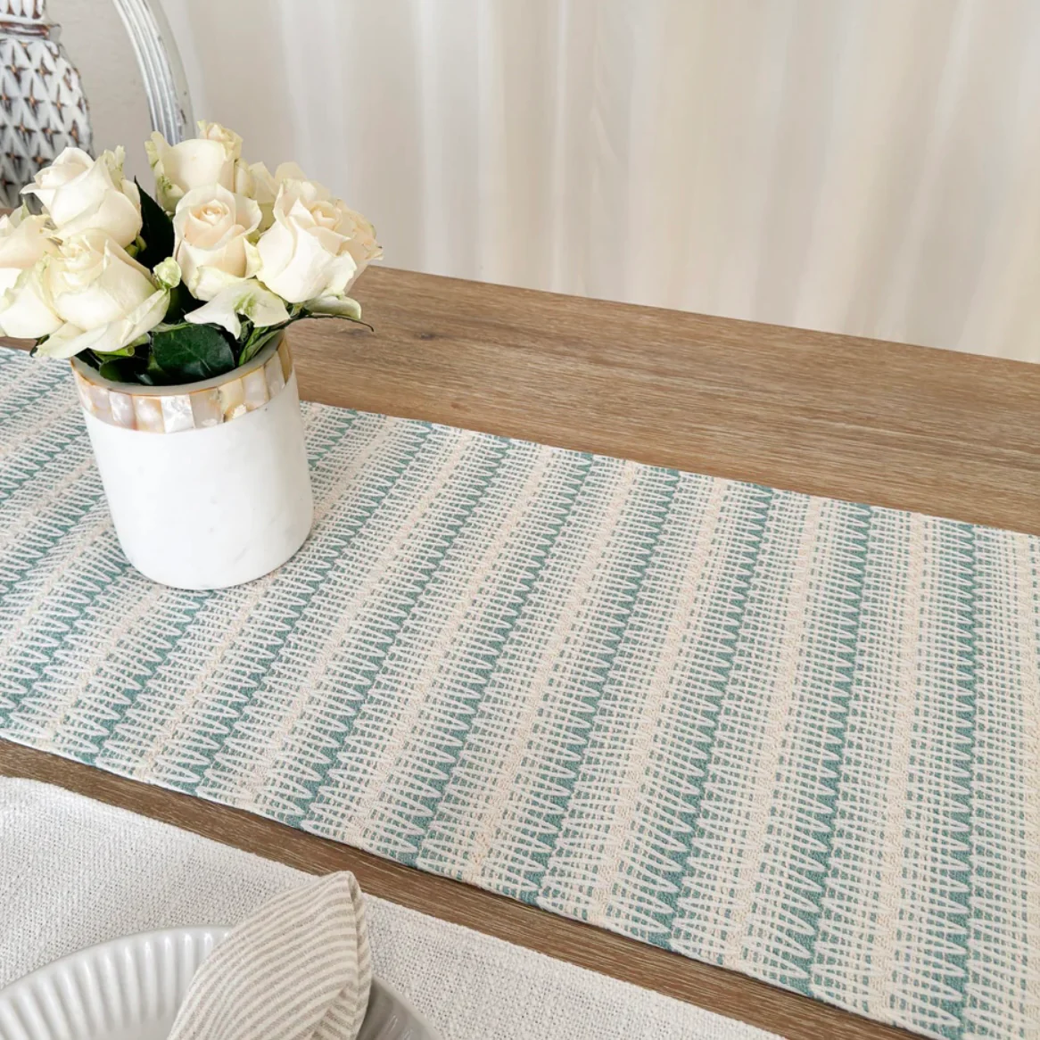 Anaya Home Summer Twist Aqua Indoor Outdoor Table Runner - Image 10