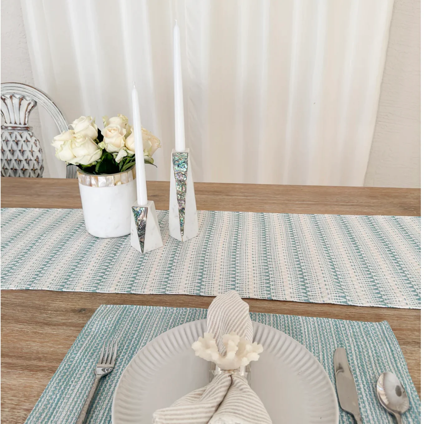Anaya Home Summer Twist Aqua Indoor Outdoor Table Runner - Image 11