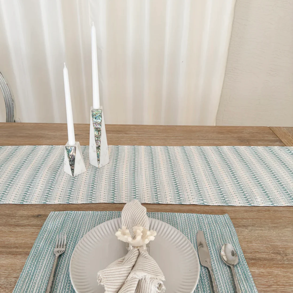Anaya Home Summer Twist Aqua Indoor Outdoor Table Runner - Image 5