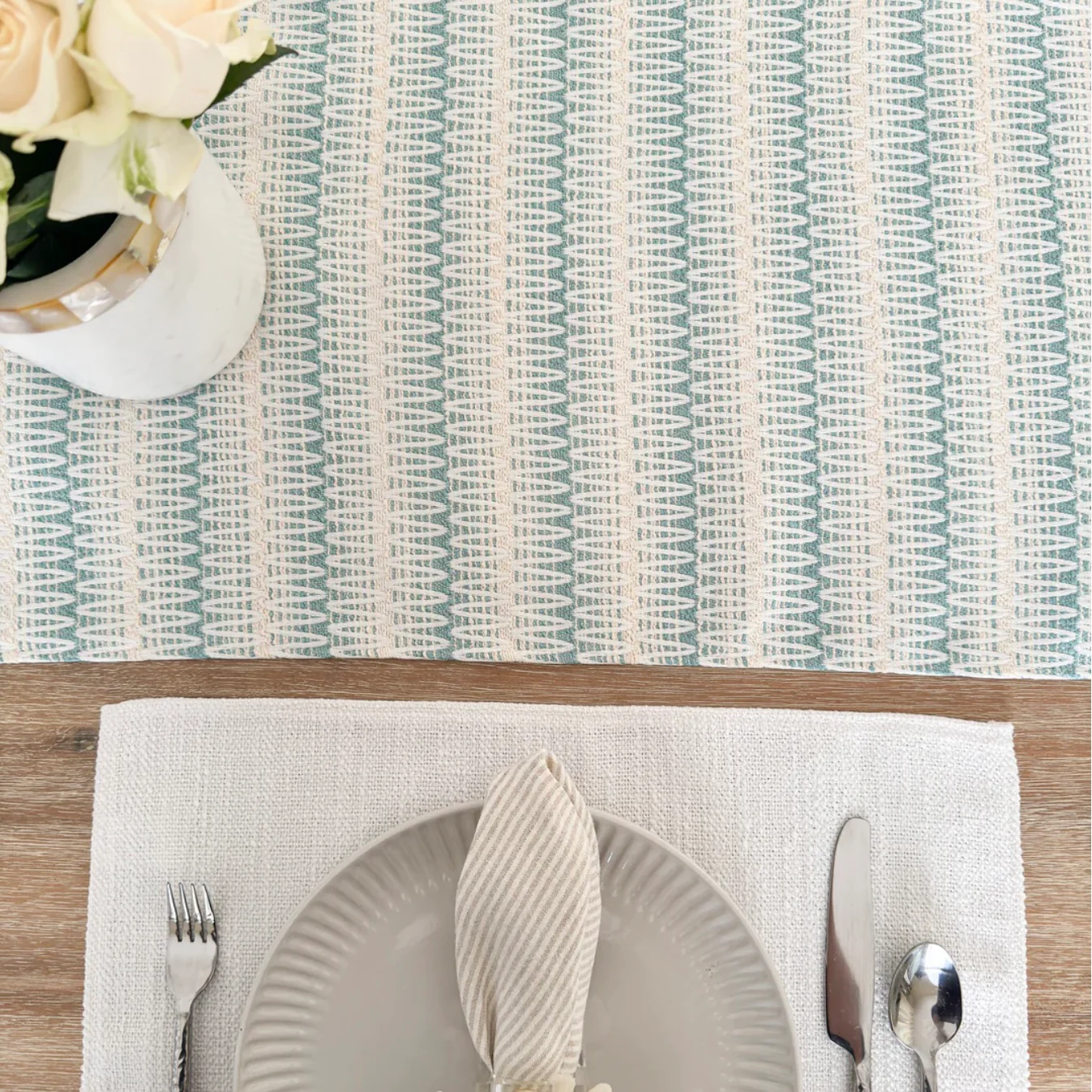 Anaya Home Summer Twist Aqua Indoor Outdoor Table Runner - Image 6