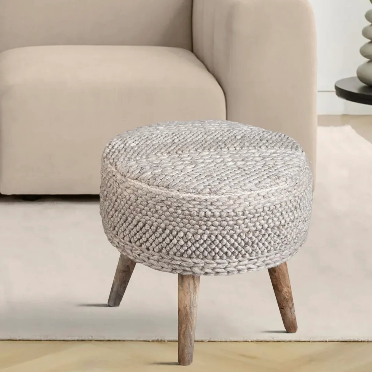 Anaya Home Textured Taupe Oversized Handwoven Stool - Image 2