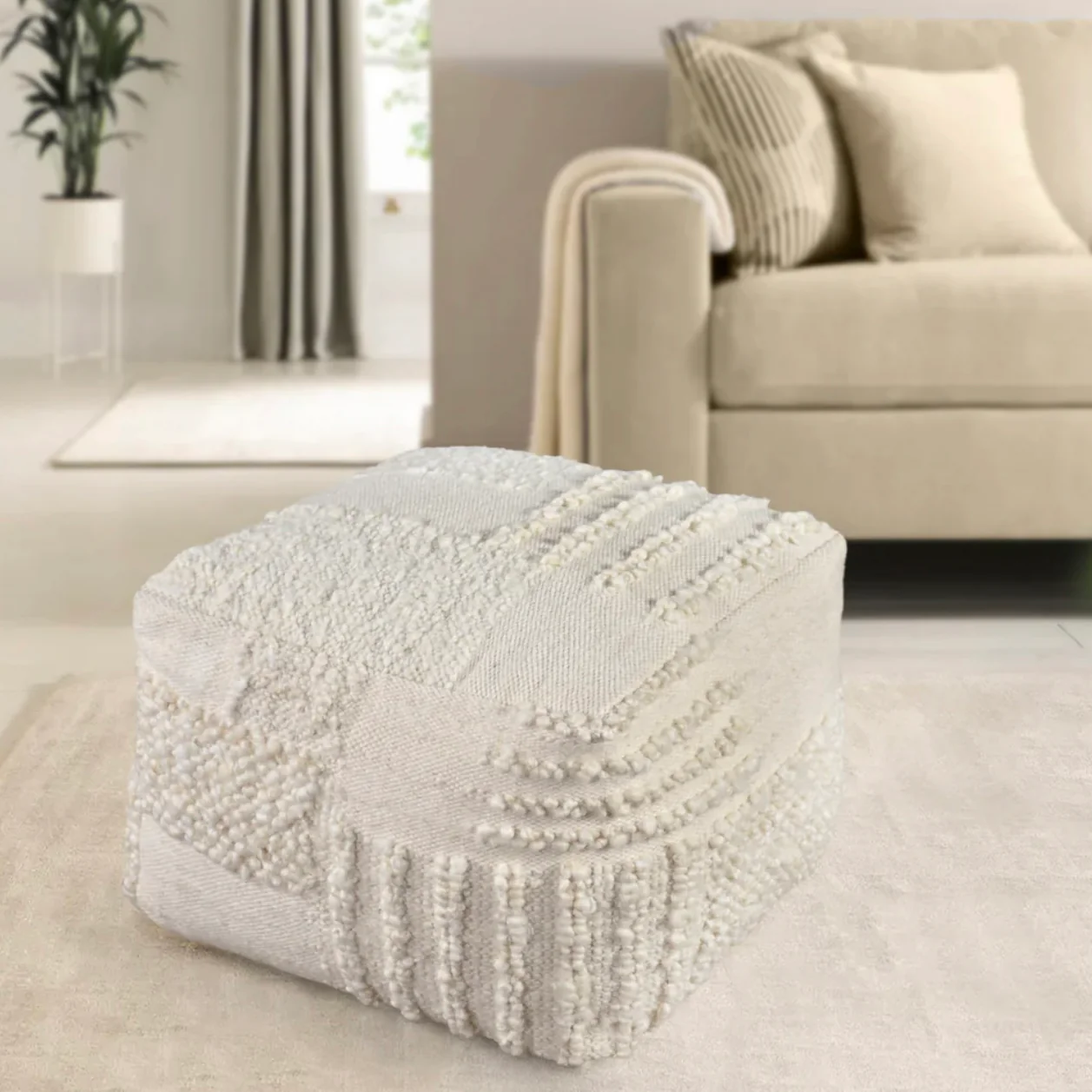 Anaya Home White Boucle Patchwork Handwoven Pouf - Image 3