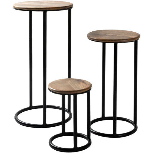 Surya Ansh Modern Natural Wood Top With Black Metal Base Set of 3 Nesting Accent Side Tables ANH-002