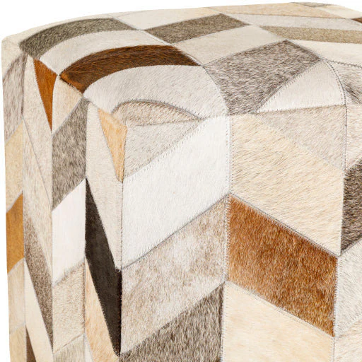 Surya Appalachian Modern Rustic Hair On Hide Ivory, Brown & Gray Patched Leather Pouf Ottoman POUF-242 - Image 4