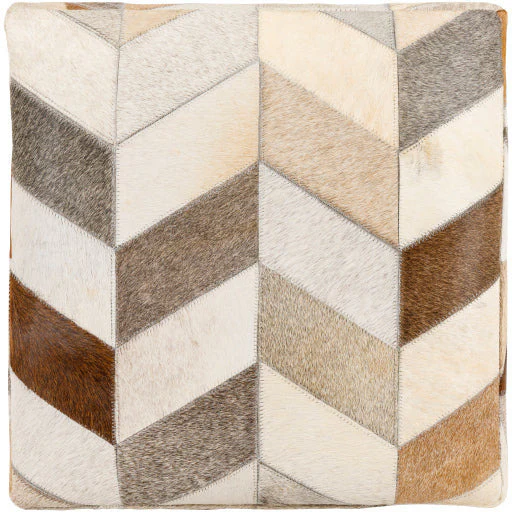Surya Appalachian Modern Rustic Hair On Hide Ivory, Brown & Gray Patched Leather Pouf Ottoman POUF-242 - Image 5