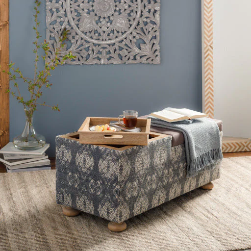 Surya Arturo Modern Boho Indigo Blue, Charcoal & Light Beige Storage Ottoman AUO-001