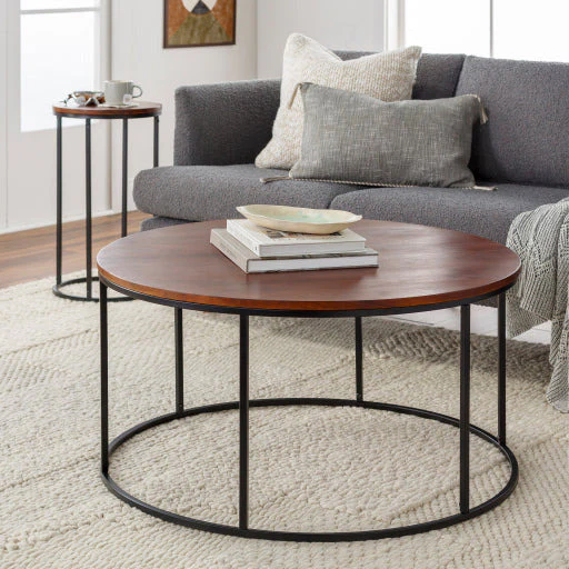 Surya Aryaa Modern Dark Brown Wood Top With Black Metal Base Round Coffee Table YAA-005