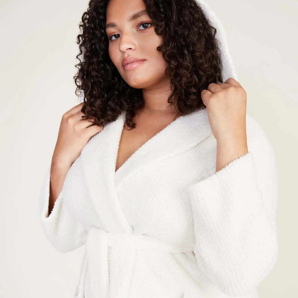 Barefoot Dreams CozyChic Ribbed Hooded Cream Robe ~ Size Small / Medium - Image 4
