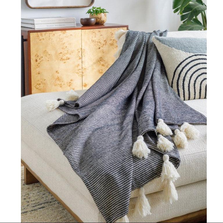 Becki Owens x LIVABLISS Kapri Cotton Throw in Black with White Stripe ~ 50" x 60"