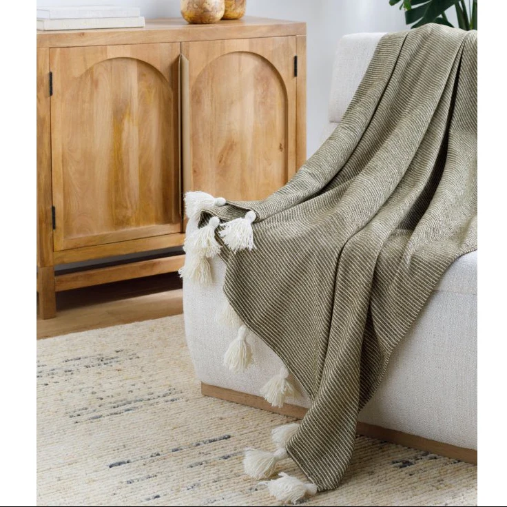 Becki Owens x LIVABLISS Kapri Cotton Throw in Olive with Cream Stripe ~ 50" x 60"