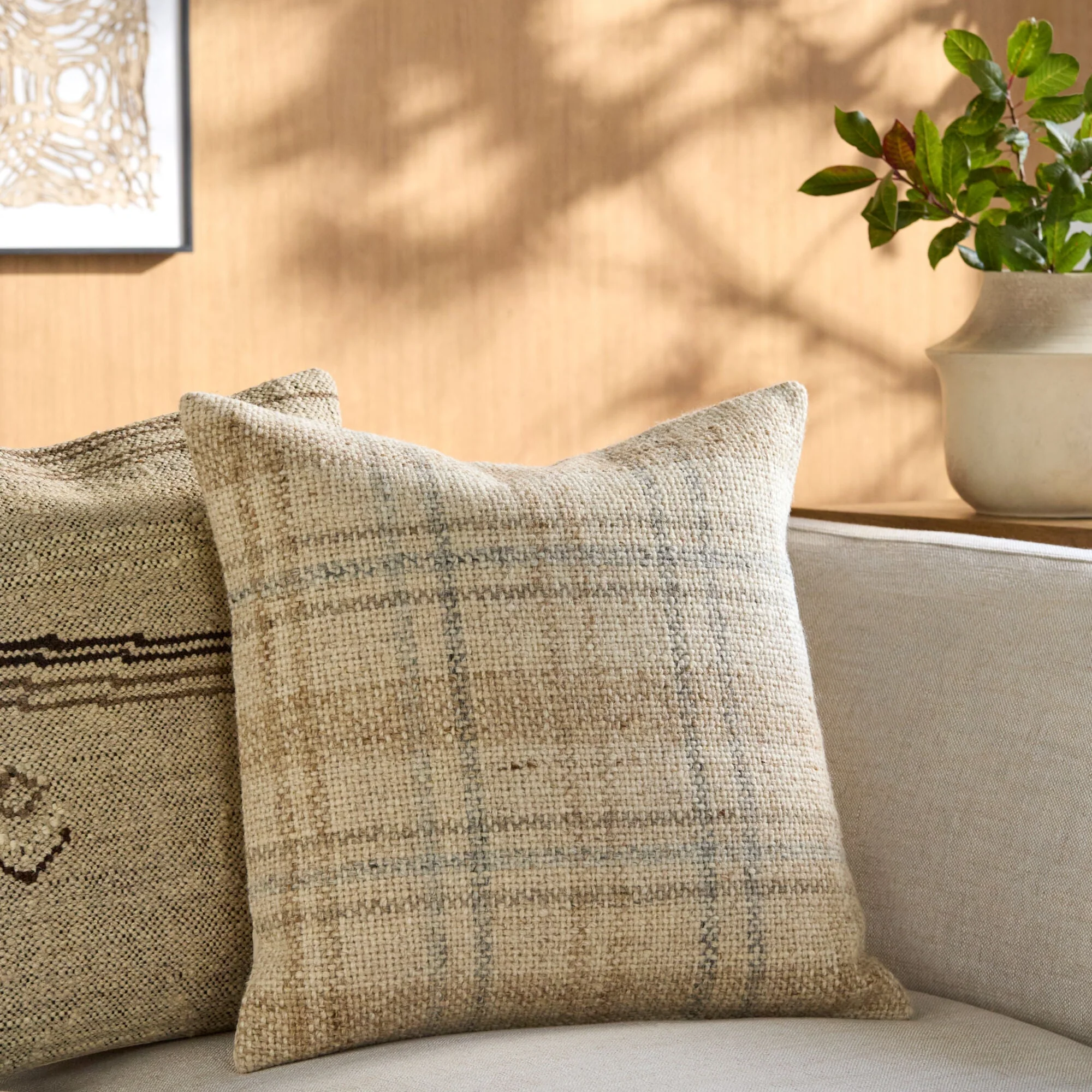 Becki Owens x LIVABLISS Ladera Pillow in Taupe, Beige and Gray Plaid