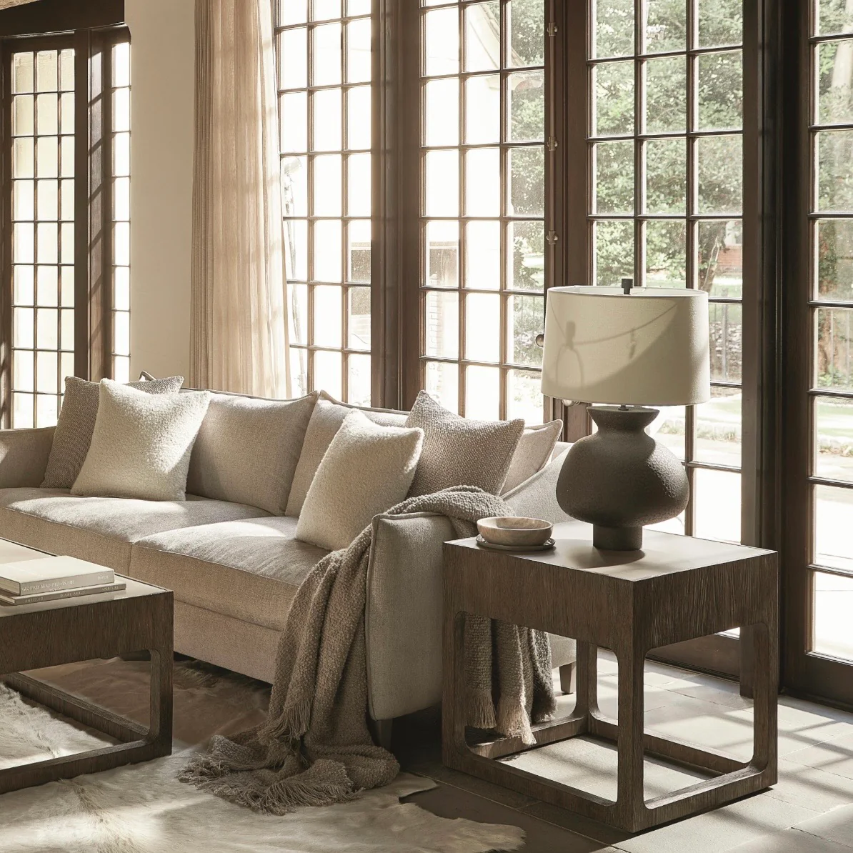 Bernhardt Casa Paros Collection Square Side Table ~ Bedrock Faux Concrete Top with Playa Finish Base