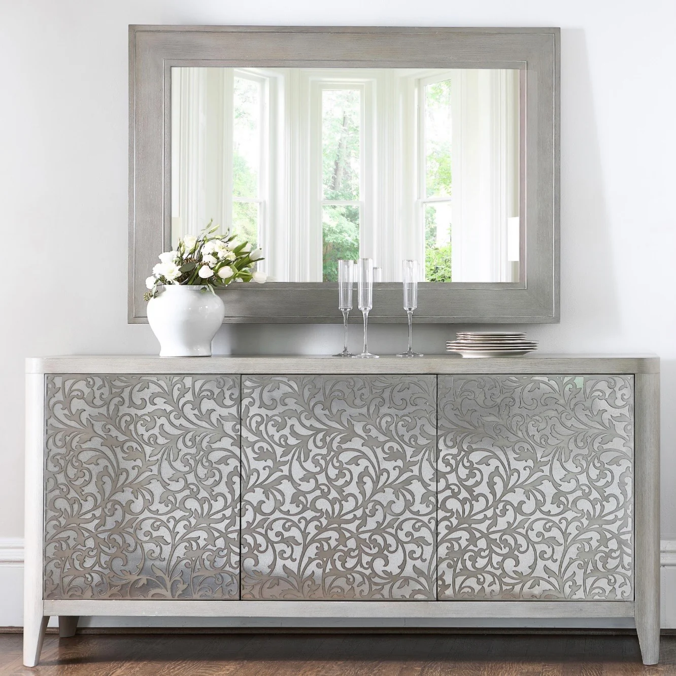 Bernhardt Cornelia Collection Buffet ~ Brushed Stainless Steel and Nebbia Wood Finish - Image 2